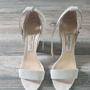Jimmy Choo Cream Woven Leather Ankle-Strap Heels